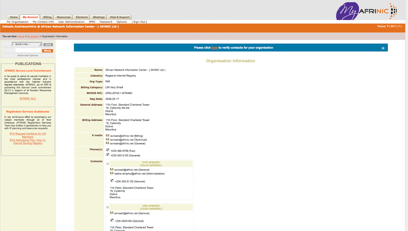 MyAFRINIC Organisation Information page showing the blue verification banner