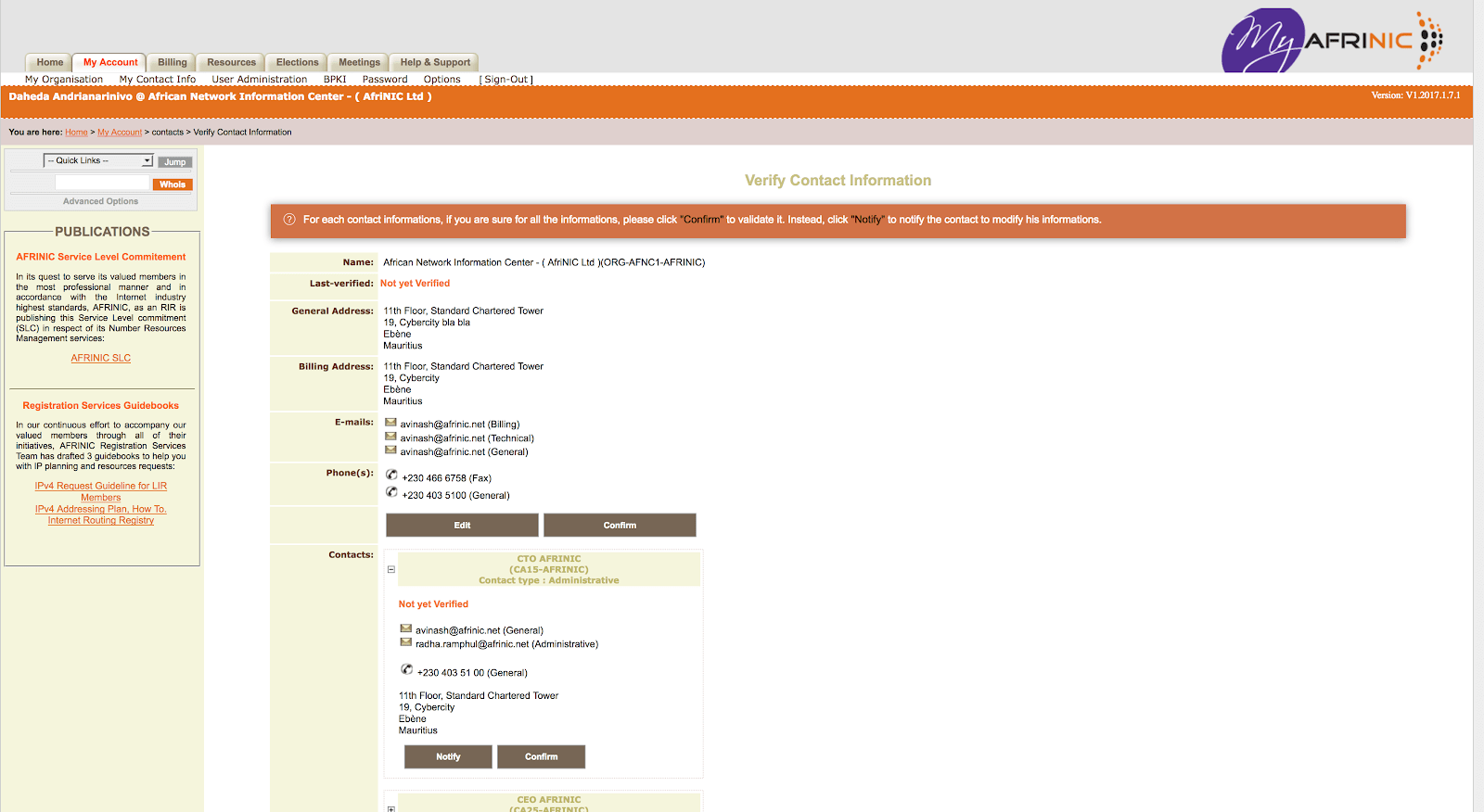 MyAFRINIC Verify Contact Information page listing the organisation details