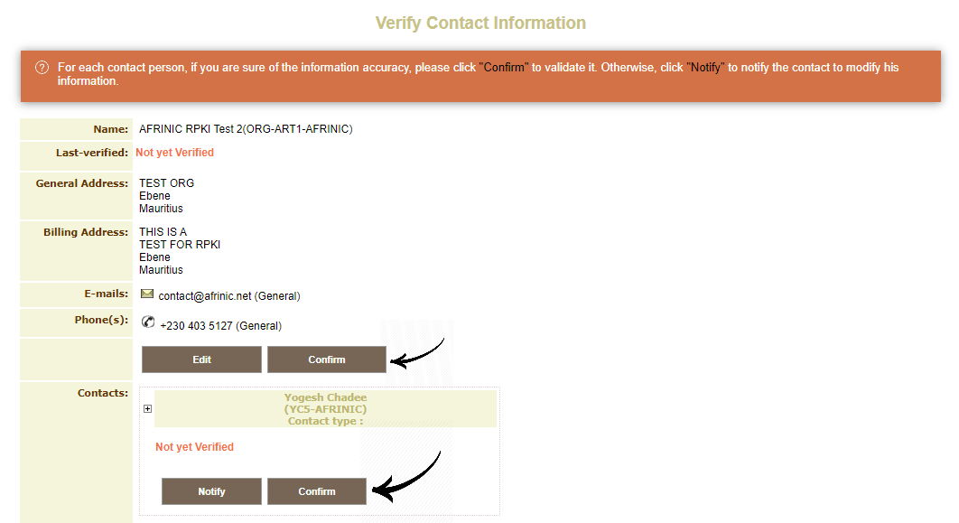 Verify Contact Information page with arrows pointing to the Confirm buttons