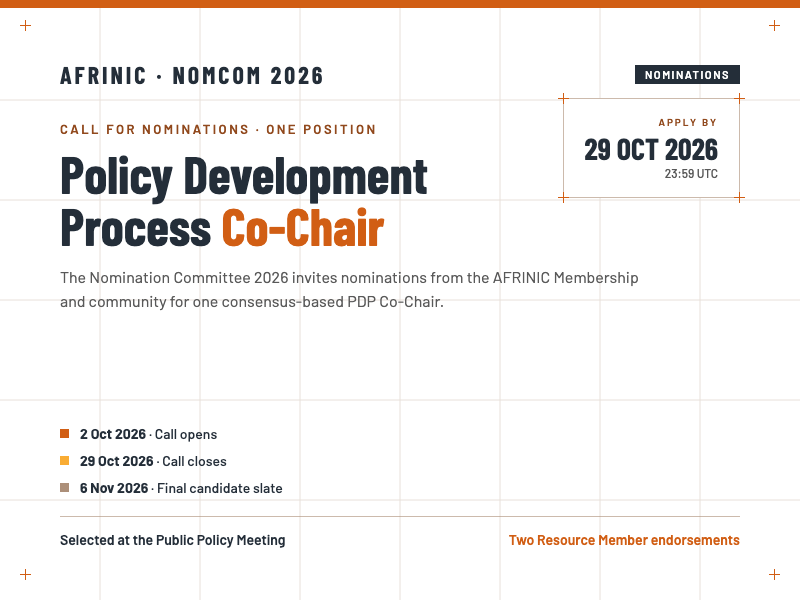 NomCom 2026 call for nominations: Policy Development Process Co-Chair, apply by 29 October 2026, 23:59 UTC