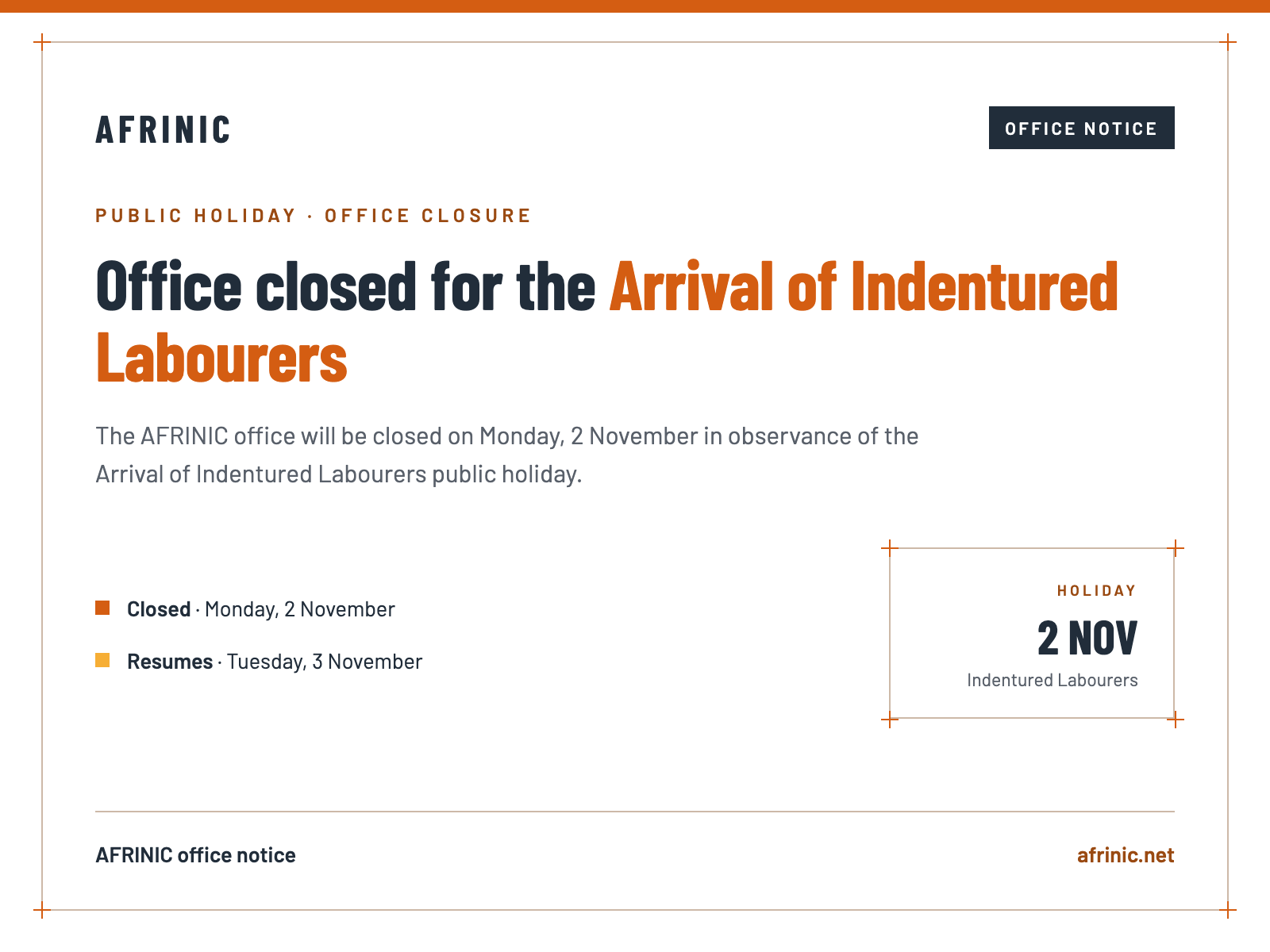 AFRINIC office notice: office closed for the Arrival of Indentured Labourers on Monday 2 November 2026, business resumes on Tuesday 3 November